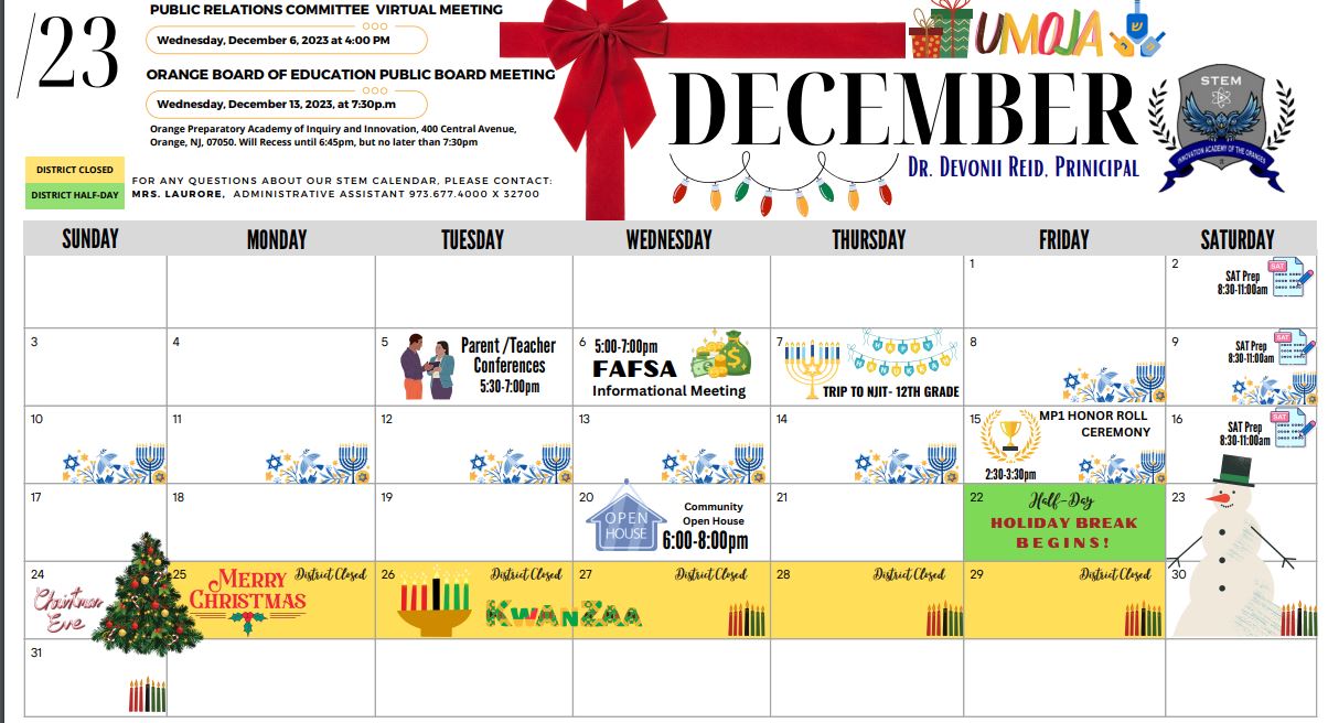  STEM December 2023 School Calendar